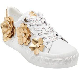Karl Lagerfeld Paris Georgia White Sneakers Womens 9 Calligraphy Laces Gold Appl